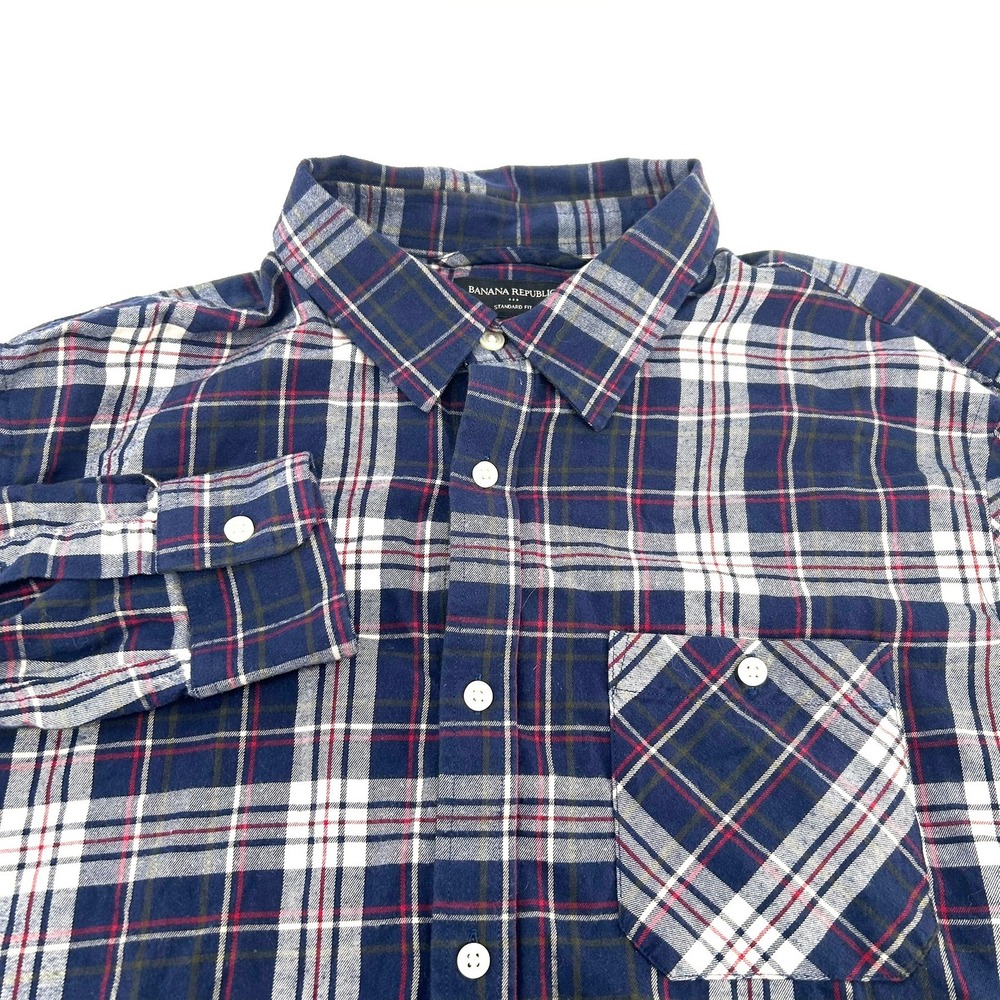 Banana Republic Mens XL Blue Red White Plaid Flannel Shirt Standard Fit Cotton